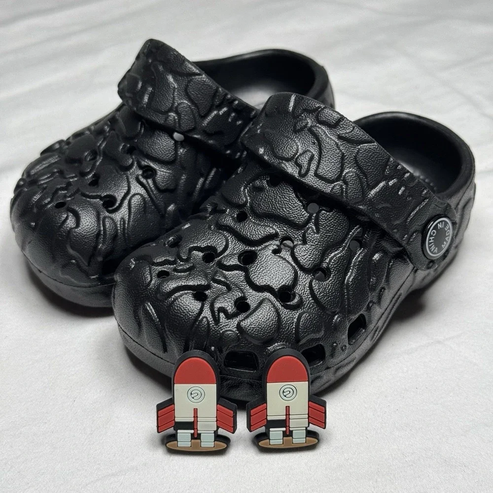 Black Camo Clogs Kids‎ Size 4 Toddler Slip On Sandals W Rocket Charms
